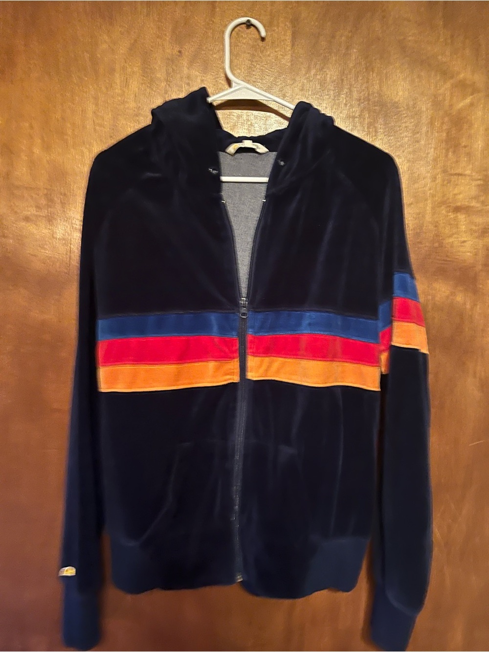 Women's C&C Navy Hooded Zip Jacket with Blue, Red & Orange Stripes